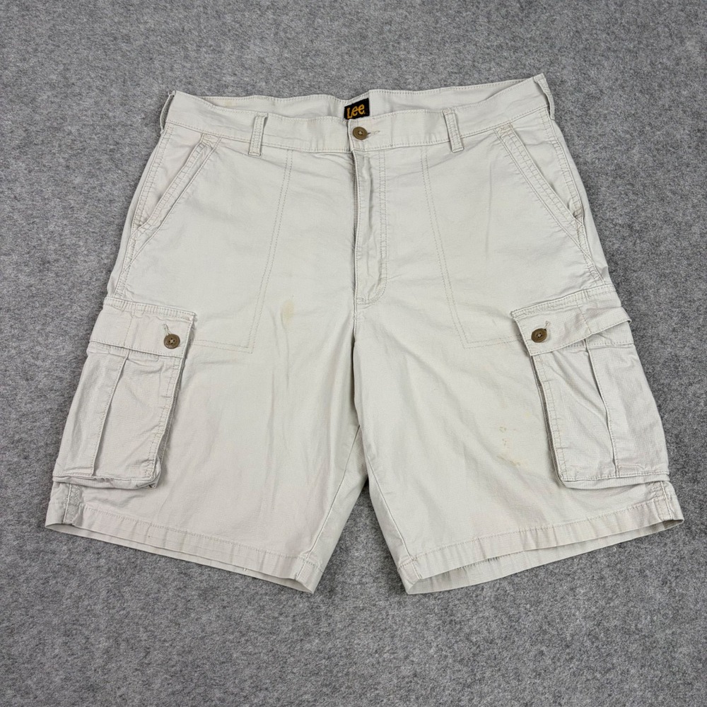 Lee Cargo Shorts Mens 38 Tan Solid Ripstop Cotton Blend Utility Workwear Hiking